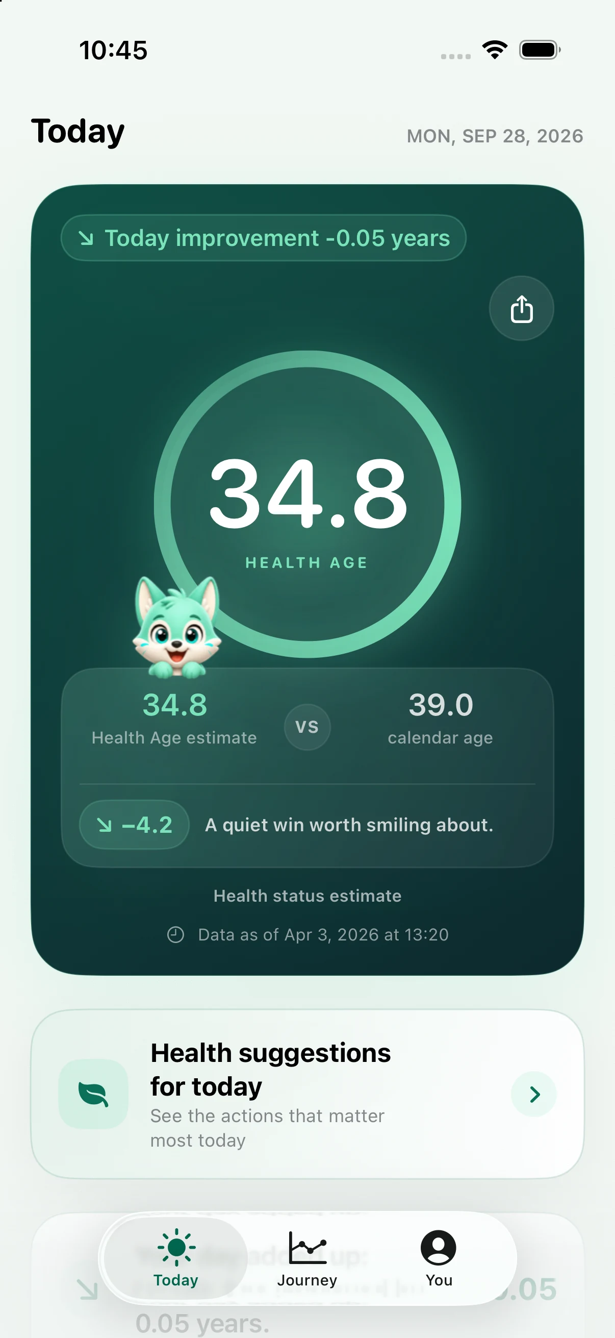Illustrative Health iAge Today screen showing an estimated Health Age of 34.8
